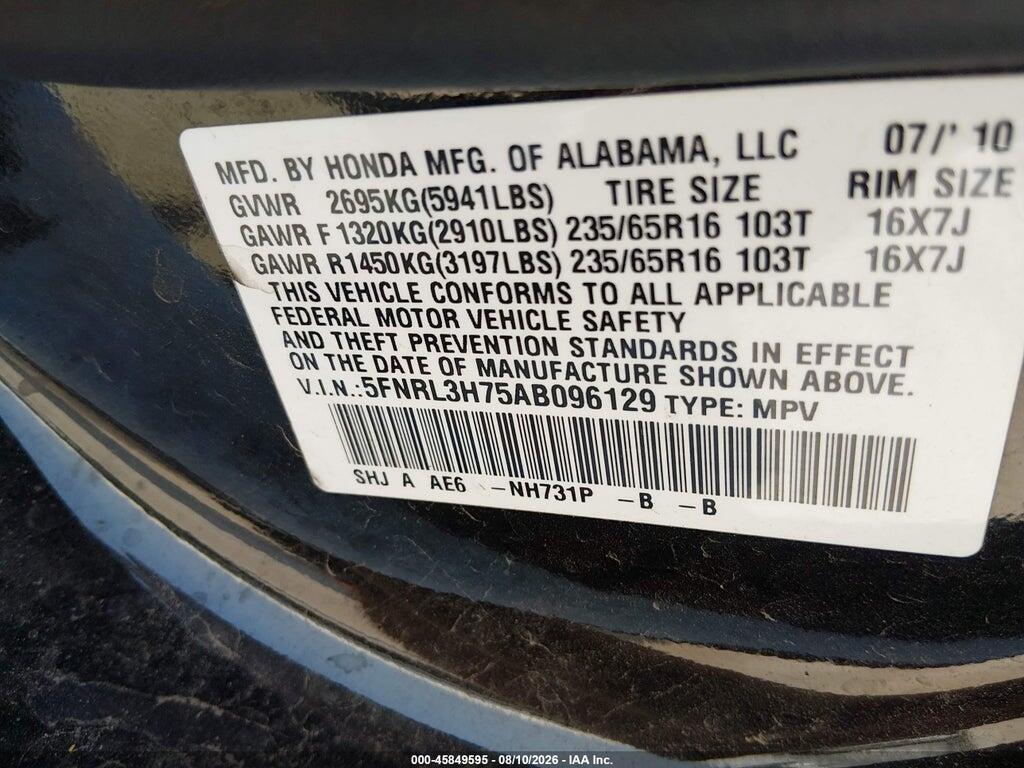 5FNRL3H75AB096129 2010 HONDA ODYSSEY photo no. 9