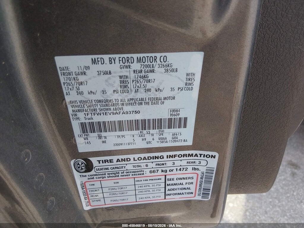 1FTFW1EV9AFA93750 2010 FORD F-150 photo no. 9