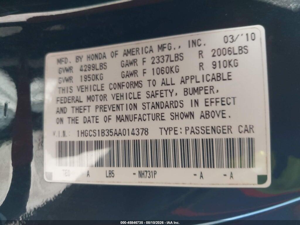 1HGCS1B35AA014378 2010 HONDA ACCORD photo no. 9