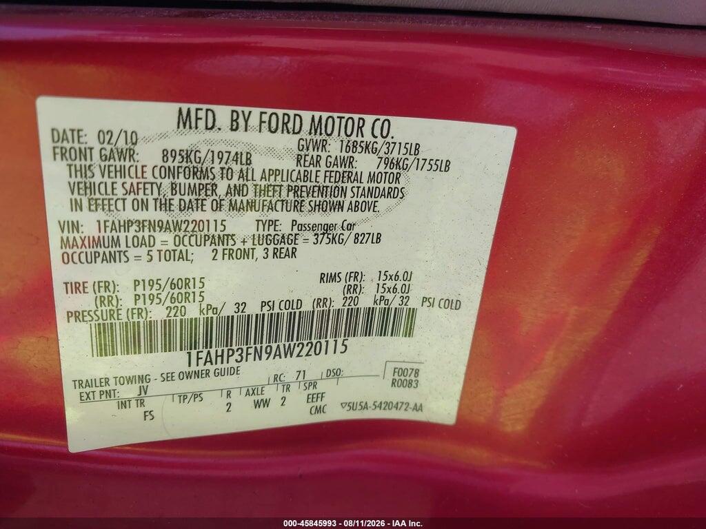 1FAHP3FN9AW220115 2010 FORD FOCUS photo no. 9
