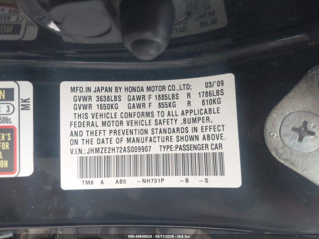 JHMZE2H72AS009907 2010 HONDA INSIGHT photo no. 9