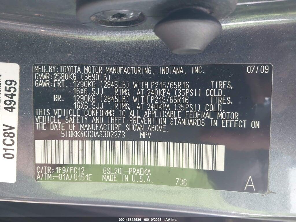 5TDKK4CC0AS302273 2010 TOYOTA SIENNA photo no. 9