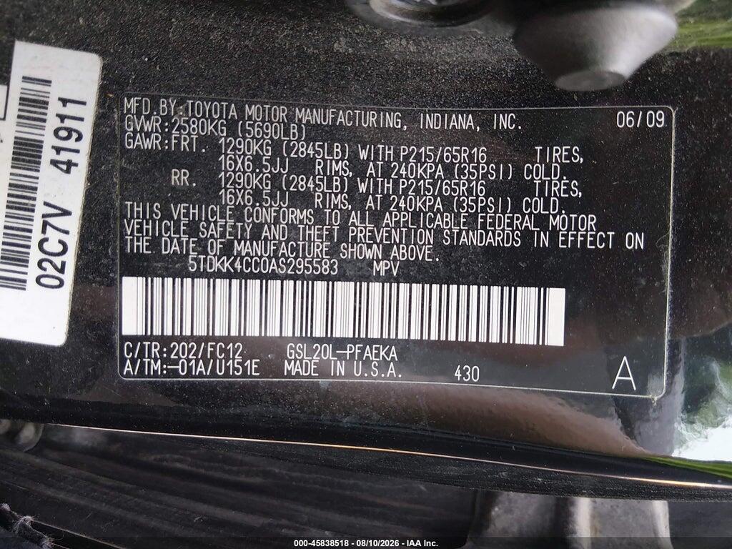 5TDKK4CC0AS295583 2010 TOYOTA SIENNA photo no. 9