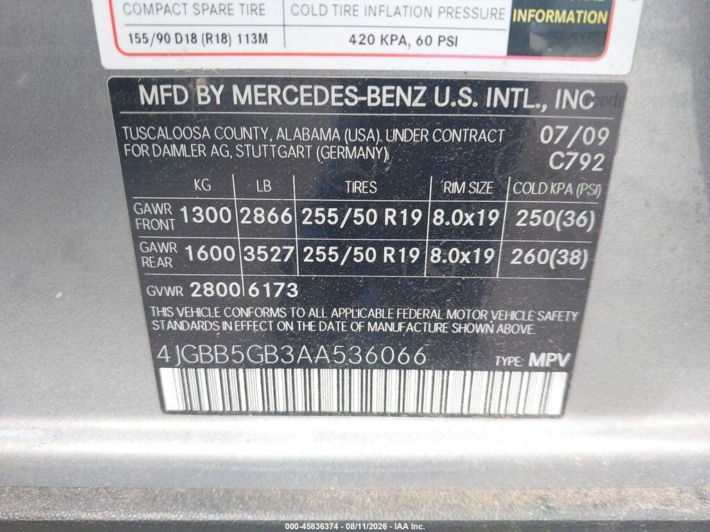 4JGBB5GB3AA536066 2010 MERCEDES-BENZ ML 350 photo no. 9