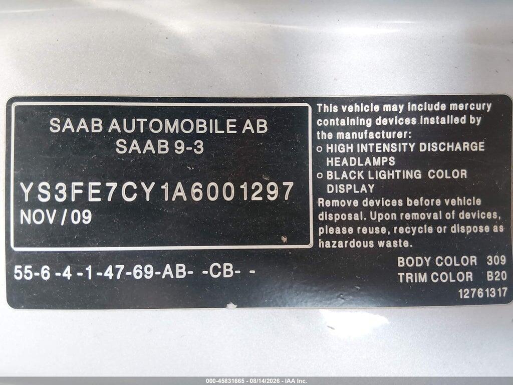 YS3FE7CY1A6001297 2010 SAAB 9-3 photo no. 9