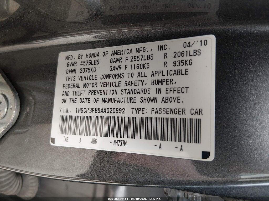 1HGCP3F85AA020992 2010 HONDA ACCORD photo no. 9