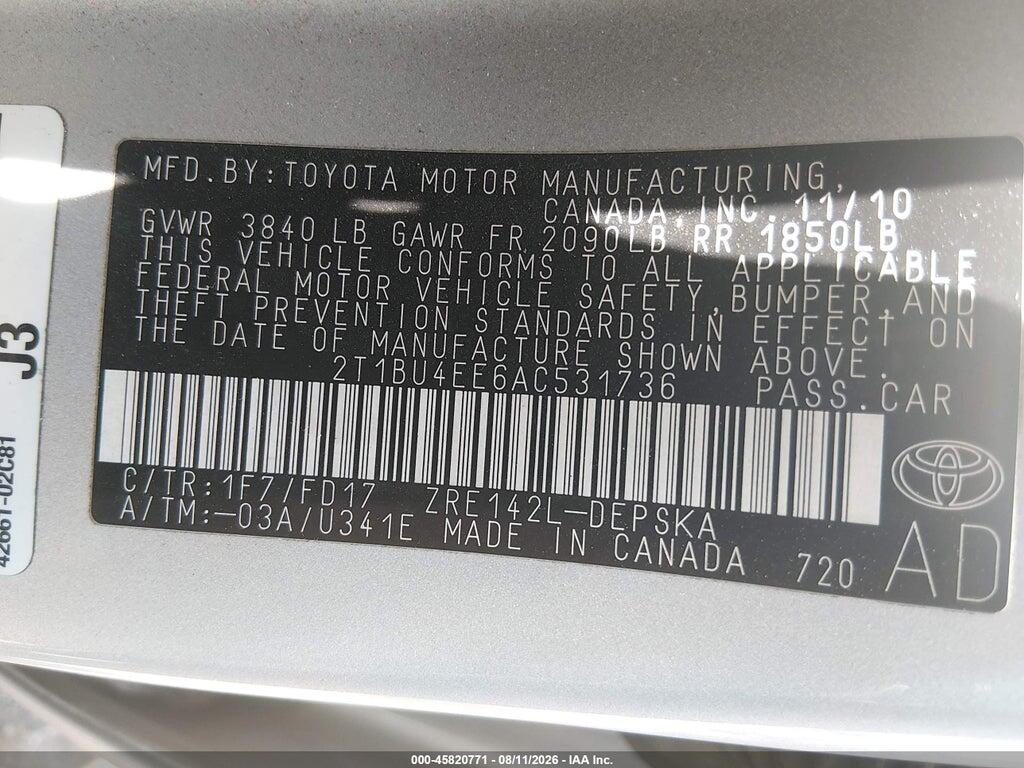 2T1BU4EE6AC531736 2010 TOYOTA COROLLA photo no. 9