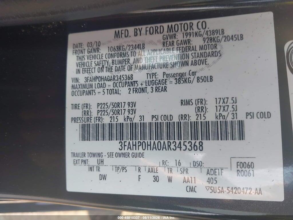 3FAHP0HA0AR345368 2010 FORD FUSION photo no. 9