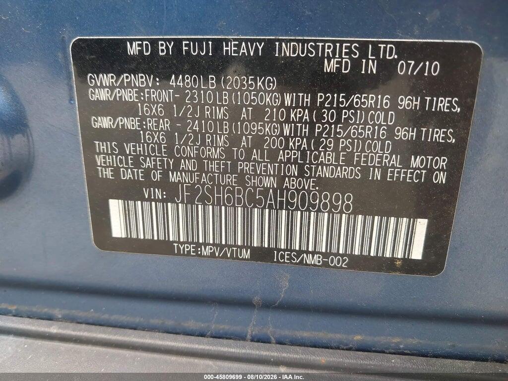 JF2SH6BC5AH909898 2010 SUBARU FORESTER photo no. 9