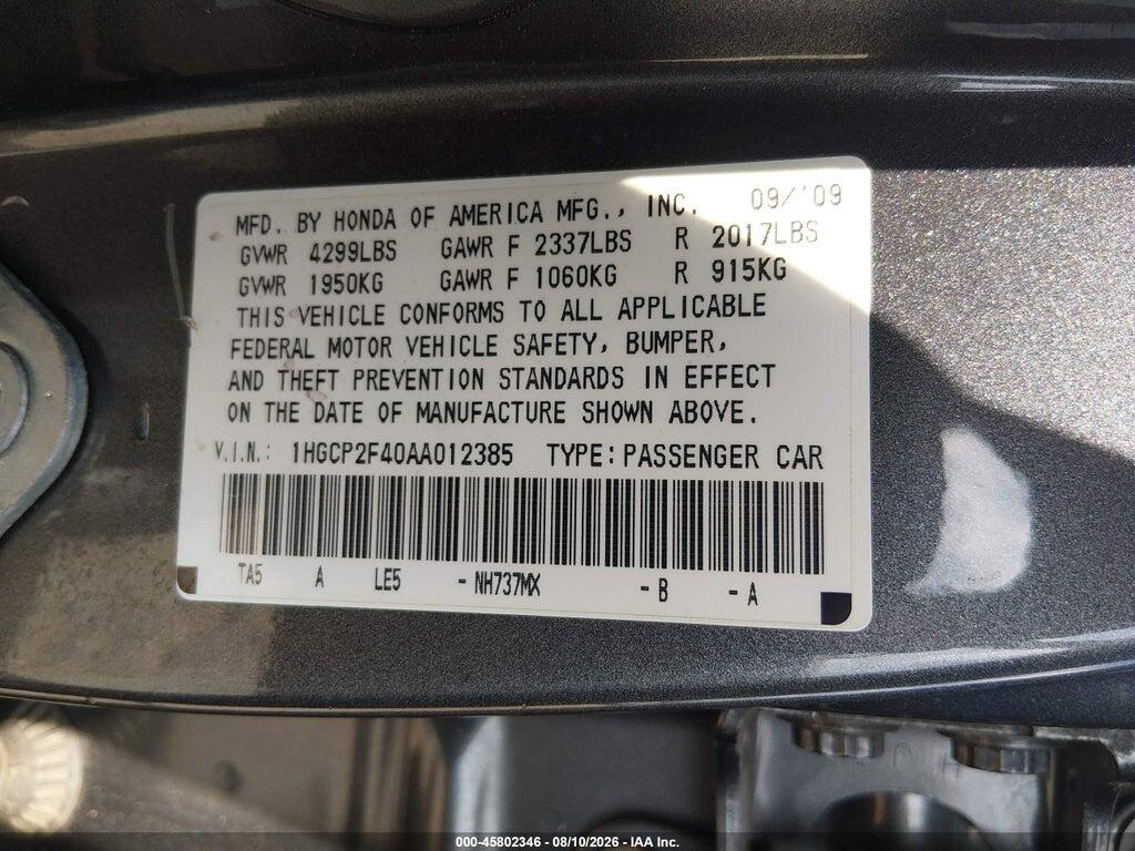 1HGCP2F40AA012385 2010 HONDA ACCORD photo no. 9