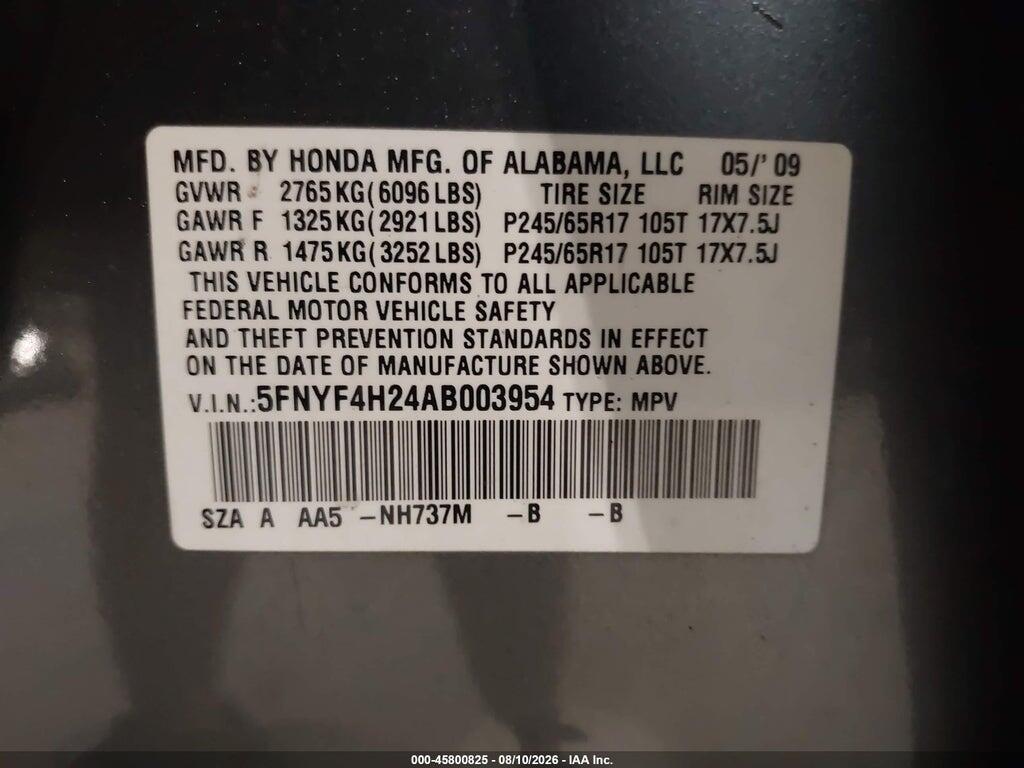 5FNYF4H24AB003954 2010 HONDA PILOT photo no. 9