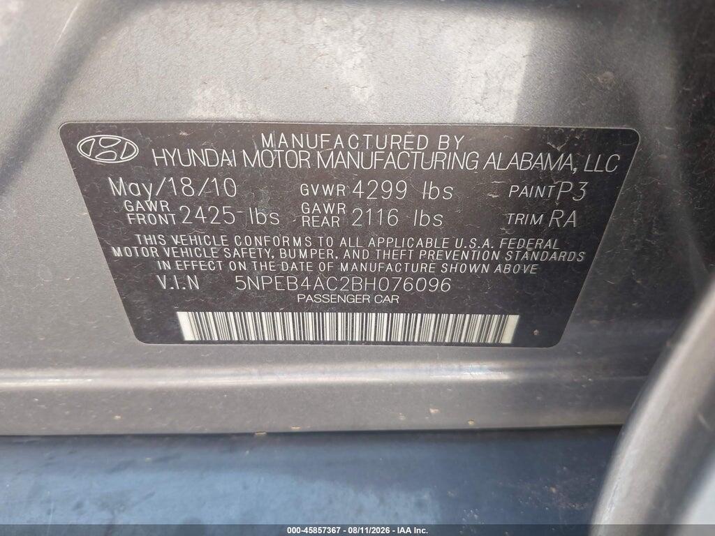 5NPEB4AC2BH076096 2011 HYUNDAI SONATA photo no. 9