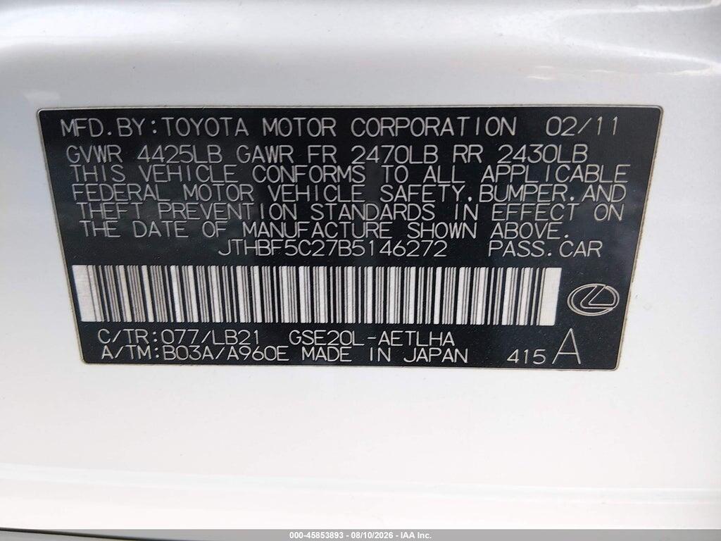 JTHBF5C27B5146272 2011 LEXUS IS 250 photo no. 9