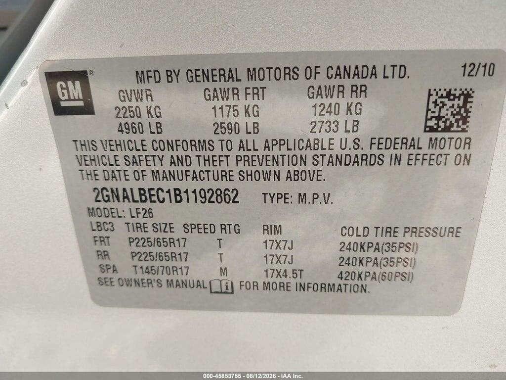 2GNALBEC1B1192862 2011 CHEVROLET EQUINOX photo no. 9