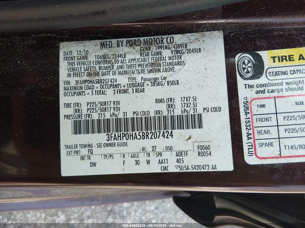3FAHP0HA5BR207424 2011 FORD FUSION photo no. 9