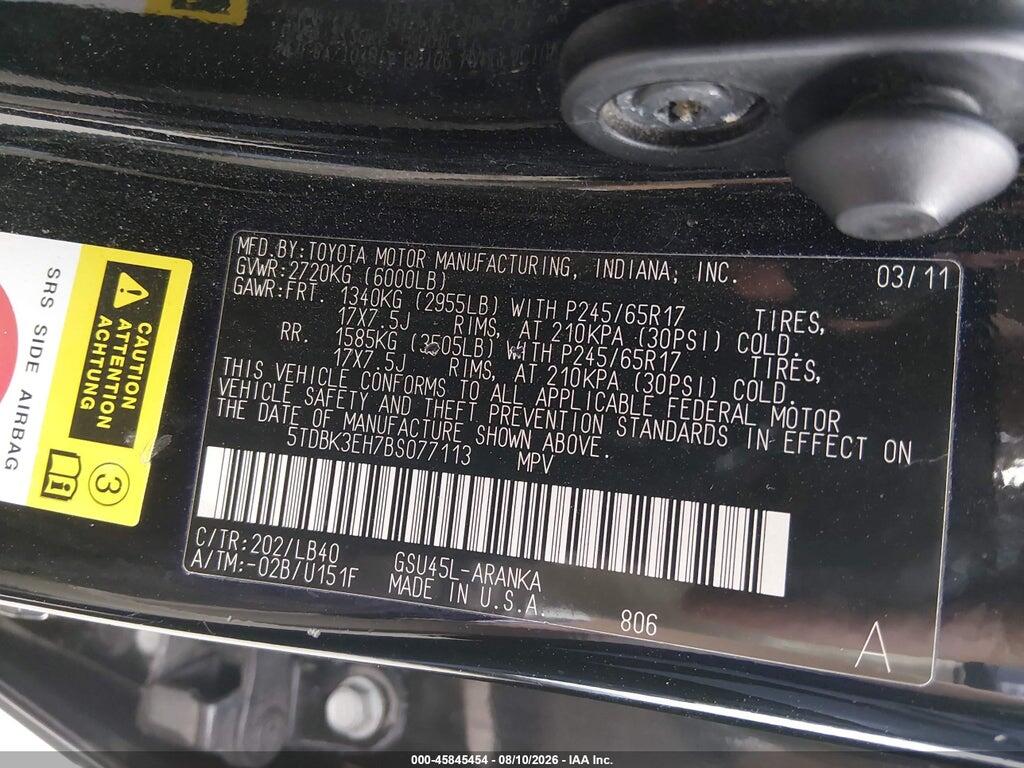 5TDBK3EH7BS077113 2011 TOYOTA HIGHLANDER photo no. 9