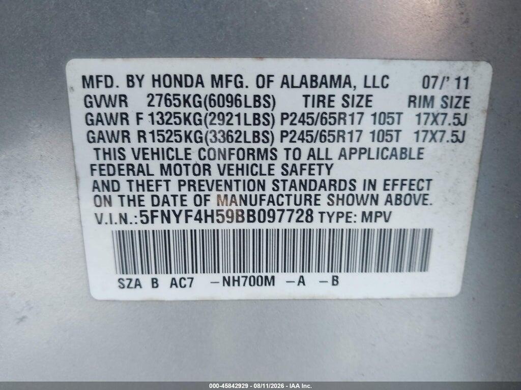 5FNYF4H59BB097728 2011 HONDA PILOT photo no. 9