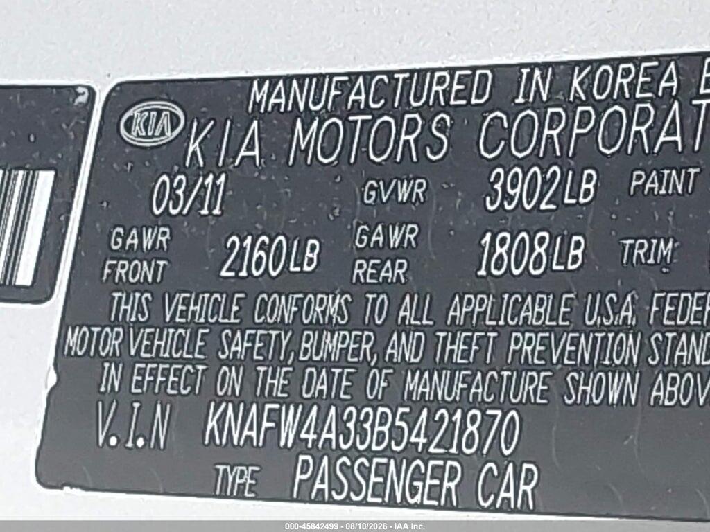 KNAFW4A33B5421870 2011 KIA FORTE photo no. 9