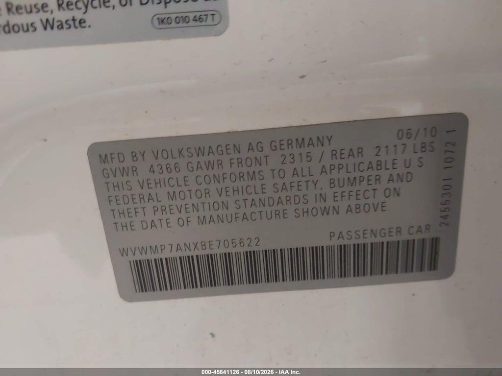 WVWMP7ANXBE705622 2011 VOLKSWAGEN CC photo no. 9