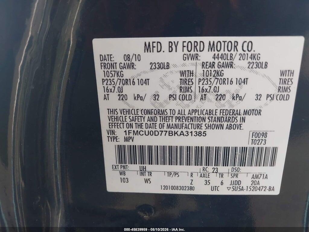 1FMCU0D77BKA31385 2011 FORD ESCAPE photo no. 9