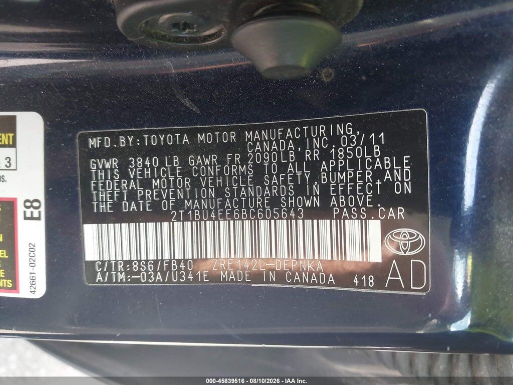 2T1BU4EE6BC605643 2011 TOYOTA COROLLA photo no. 9