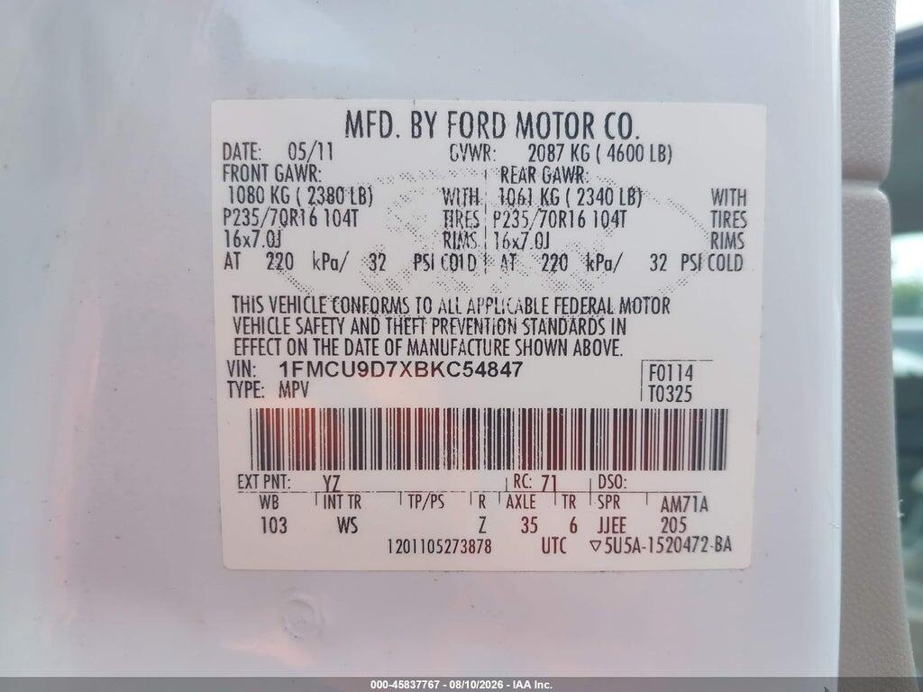 1FMCU9D7XBKC54847 2011 FORD ESCAPE photo no. 9