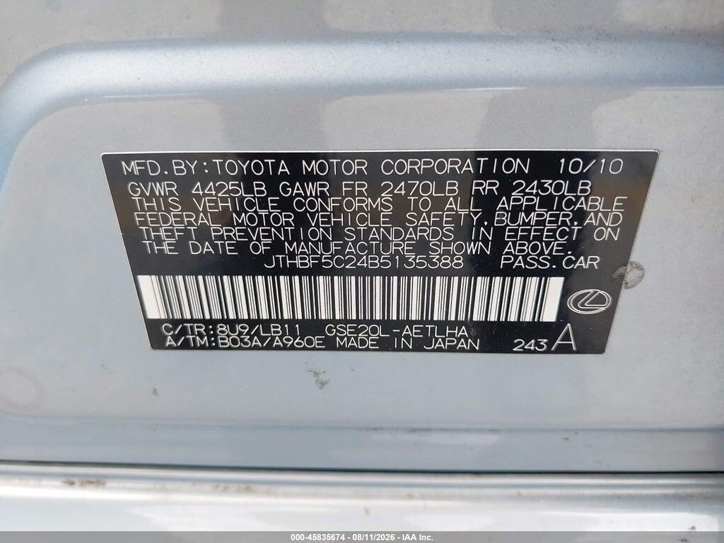 JTHBF5C24B5135388 2011 LEXUS IS 250 photo no. 9