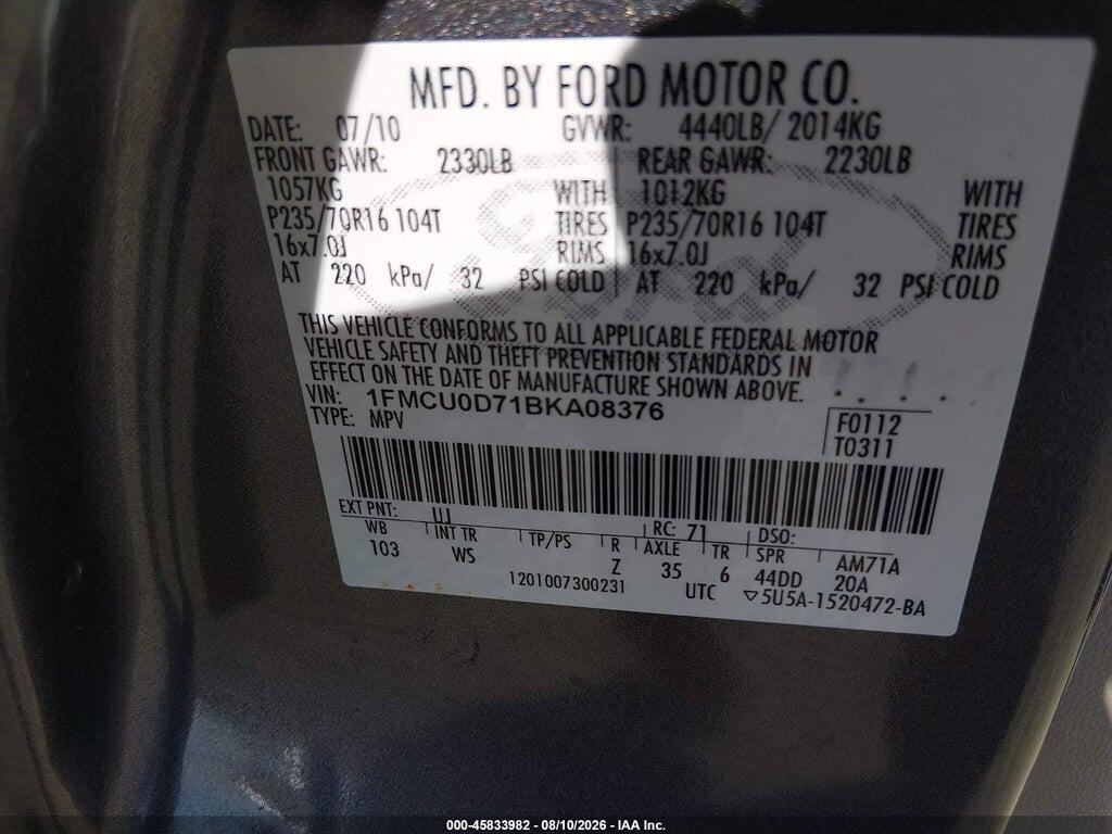 1FMCU0D71BKA08376 2011 FORD ESCAPE photo no. 9
