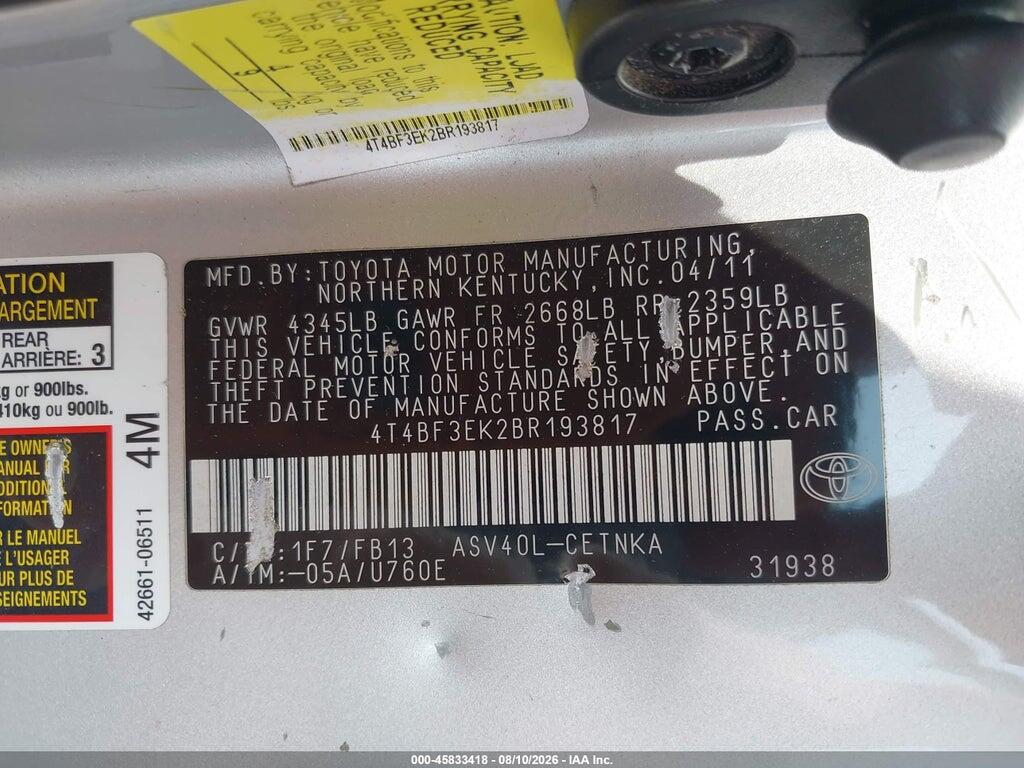4T4BF3EK2BR193817 2011 TOYOTA CAMRY photo no. 9