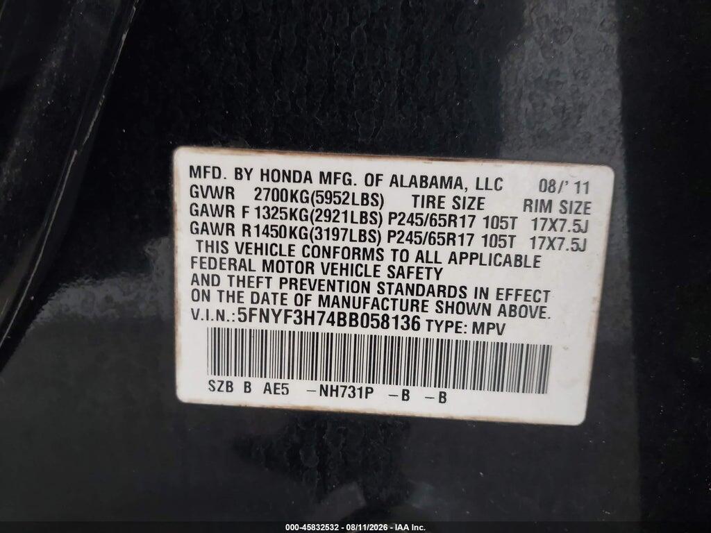 5FNYF3H74BB058136 2011 HONDA PILOT photo no. 9