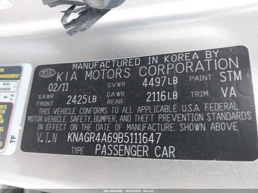 KNAGR4A69B5111647 2011 KIA OPTIMA photo no. 9