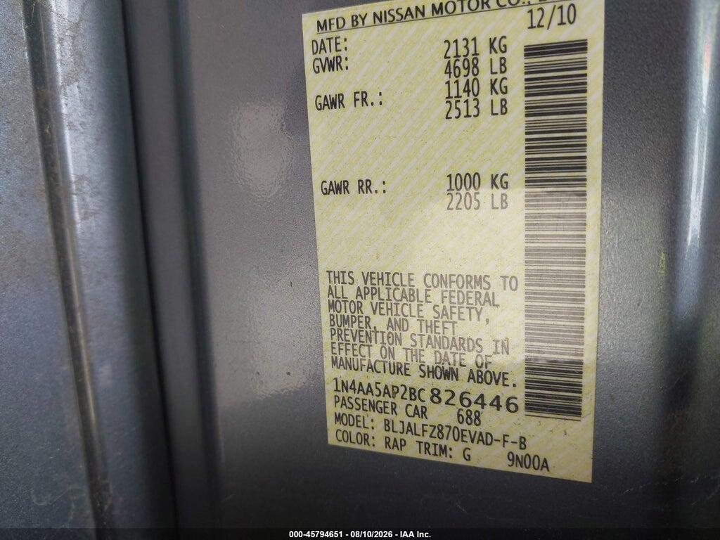 1N4AA5AP2BC826446 2011 NISSAN MAXIMA photo no. 9
