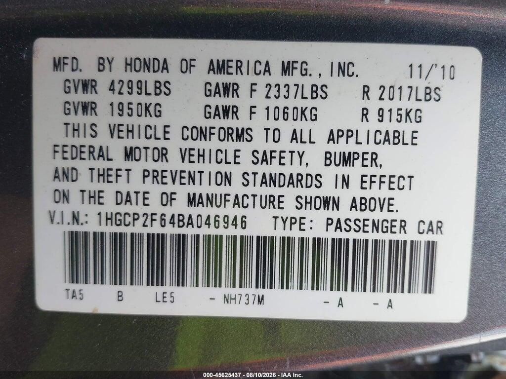 1HGCP2F64BA046946 2011 HONDA ACCORD photo no. 9