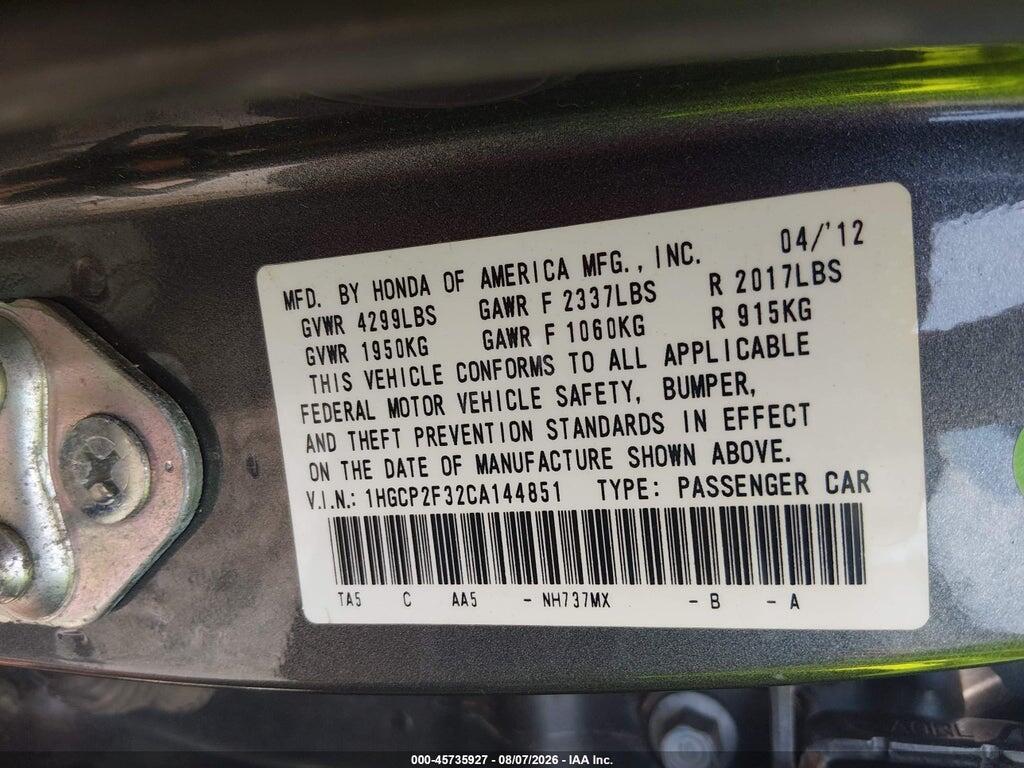 1HGCP2F32CA144851 2012 HONDA ACCORD SDN photo no. 9