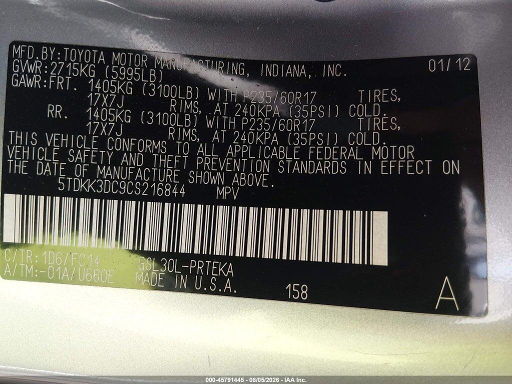 5TDKK3DC9CS216844 2012 TOYOTA SIENNA photo no. 9