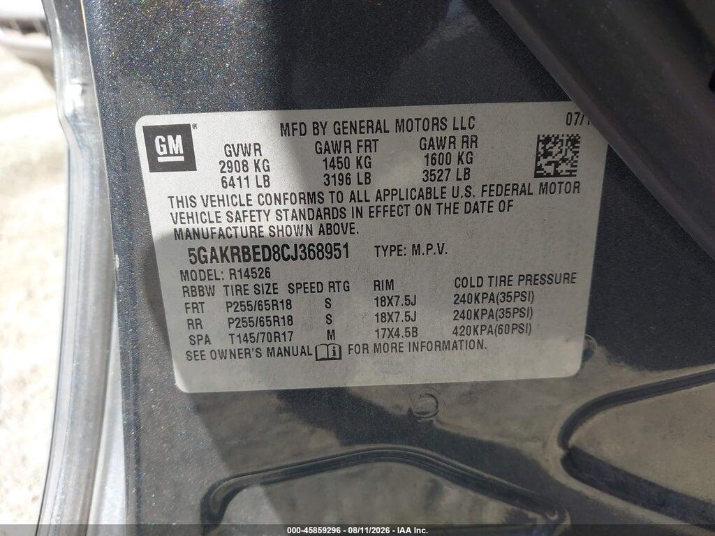 5GAKRBED8CJ368951 2012 BUICK ENCLAVE photo no. 9