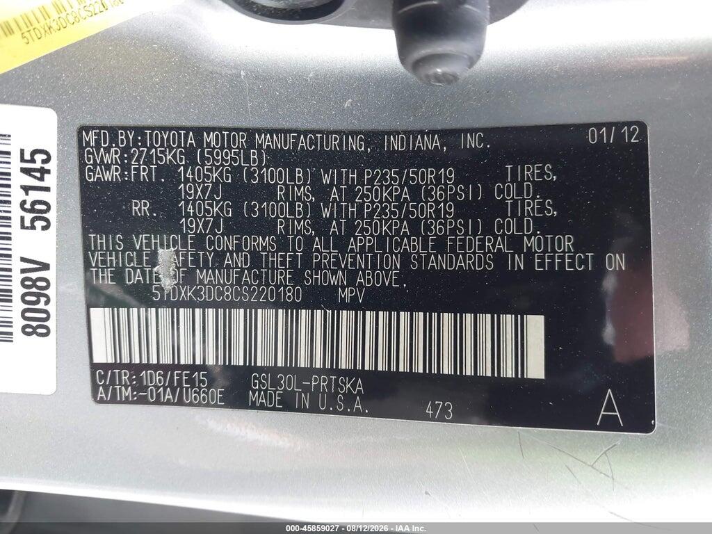 5TDXK3DC8CS220180 2012 TOYOTA SIENNA photo no. 9