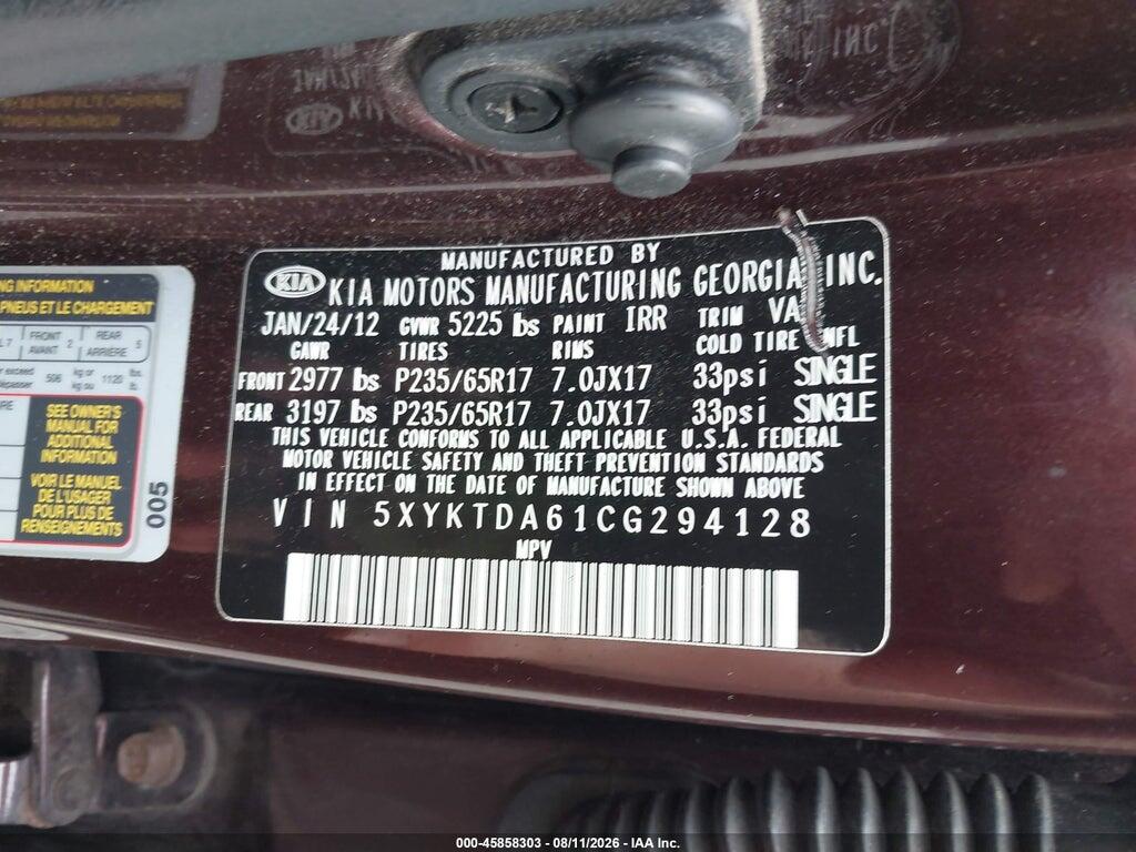 5XYKTDA61CG294128 2012 KIA SORENTO photo no. 9
