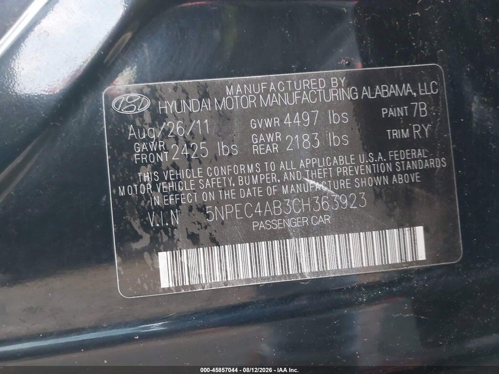 5NPEC4AB3CH363923 2012 HYUNDAI SONATA photo no. 9