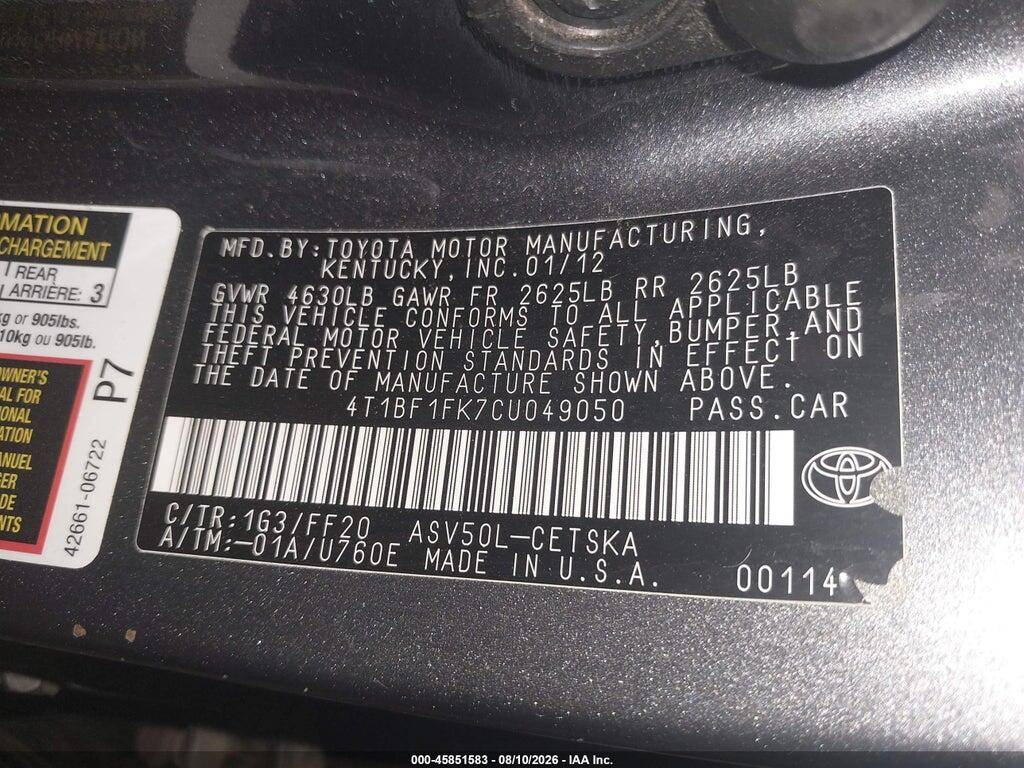 4T1BF1FK7CU049050 2012 TOYOTA CAMRY photo no. 9