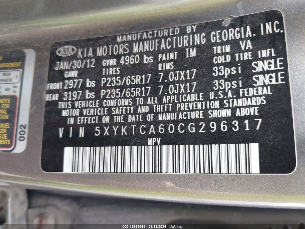 5XYKTCA60CG296317 2012 KIA SORENTO photo no. 9
