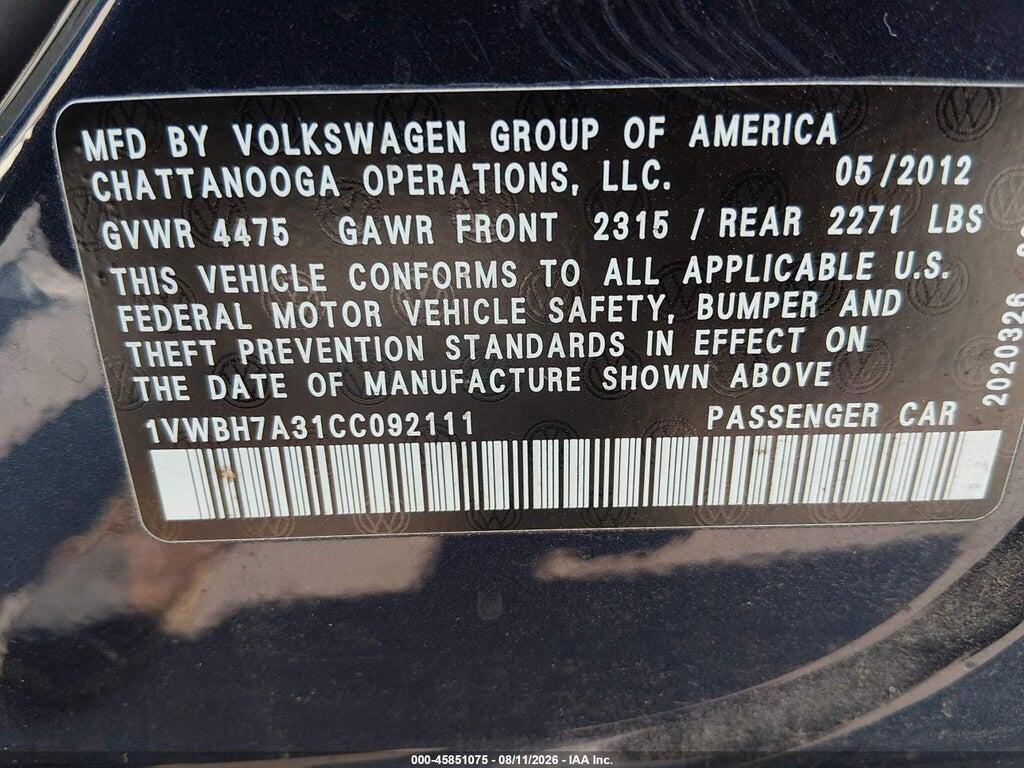 1VWBH7A31CC092111 2012 VOLKSWAGEN PASSAT photo no. 9