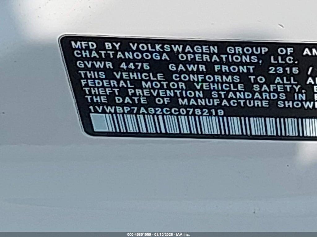 1VWBP7A32CC078219 2012 VOLKSWAGEN PASSAT photo no. 9