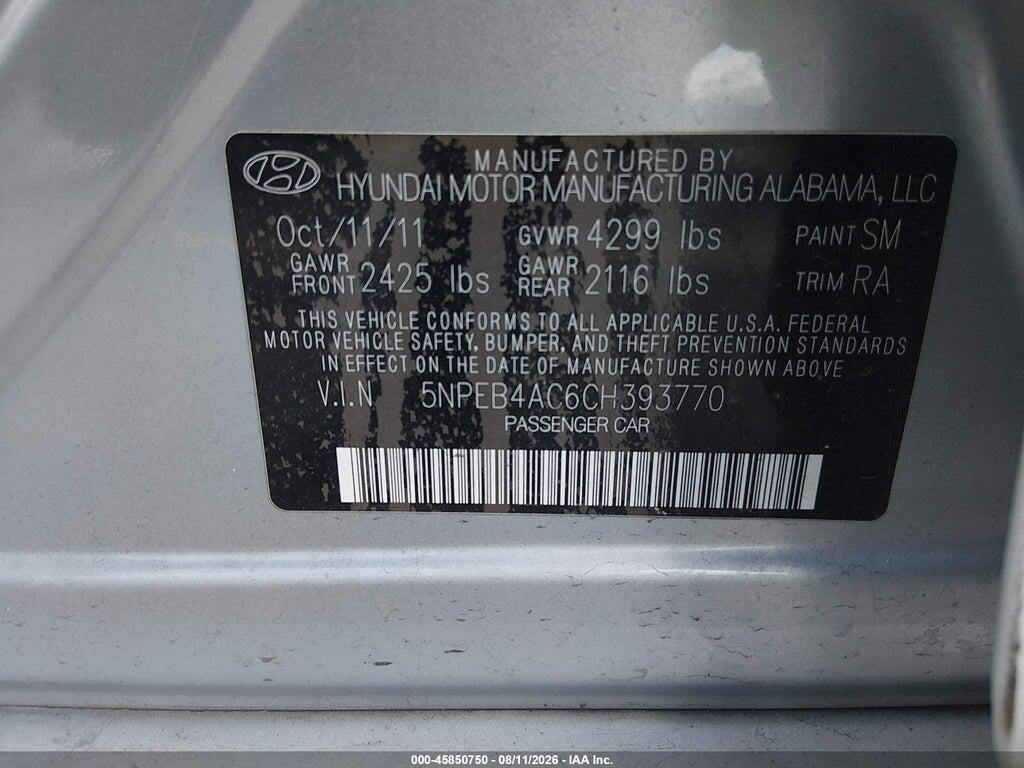 5NPEB4AC6CH393770 2012 HYUNDAI SONATA photo no. 9