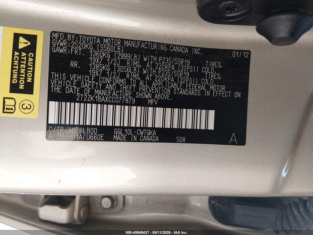 2T2ZK1BAXCC077879 2012 LEXUS RX 350 photo no. 9