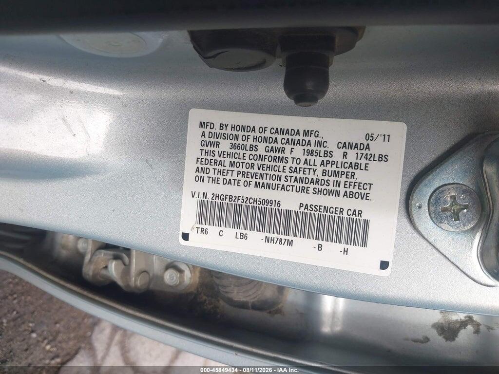 2HGFB2F52CH509916 2012 HONDA CIVIC photo no. 9