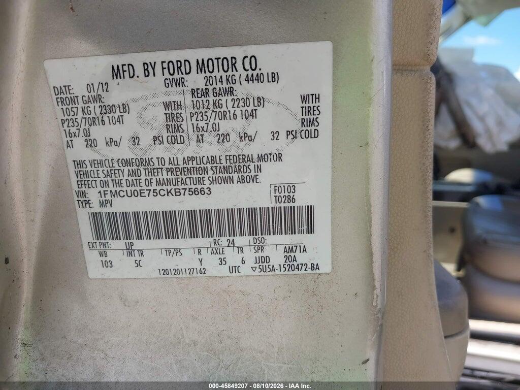1FMCU0E75CKB75663 2012 FORD ESCAPE photo no. 9