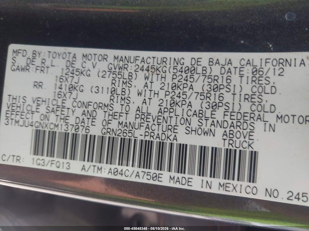 3TMJU4GNXCM137076 2012 TOYOTA TACOMA photo no. 9