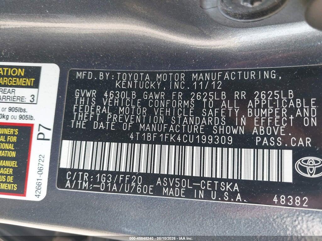 4T1BF1FK4CU199309 2012 TOYOTA CAMRY photo no. 9