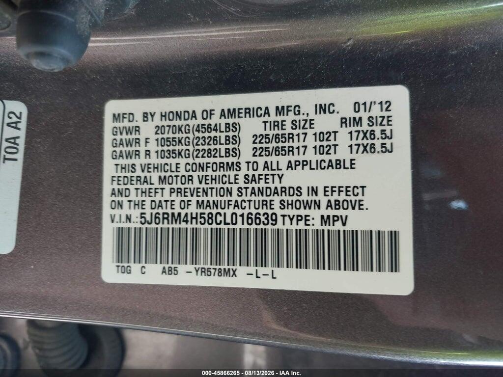 5J6RM4H58CL016639 2012 HONDA CR-V photo no. 9